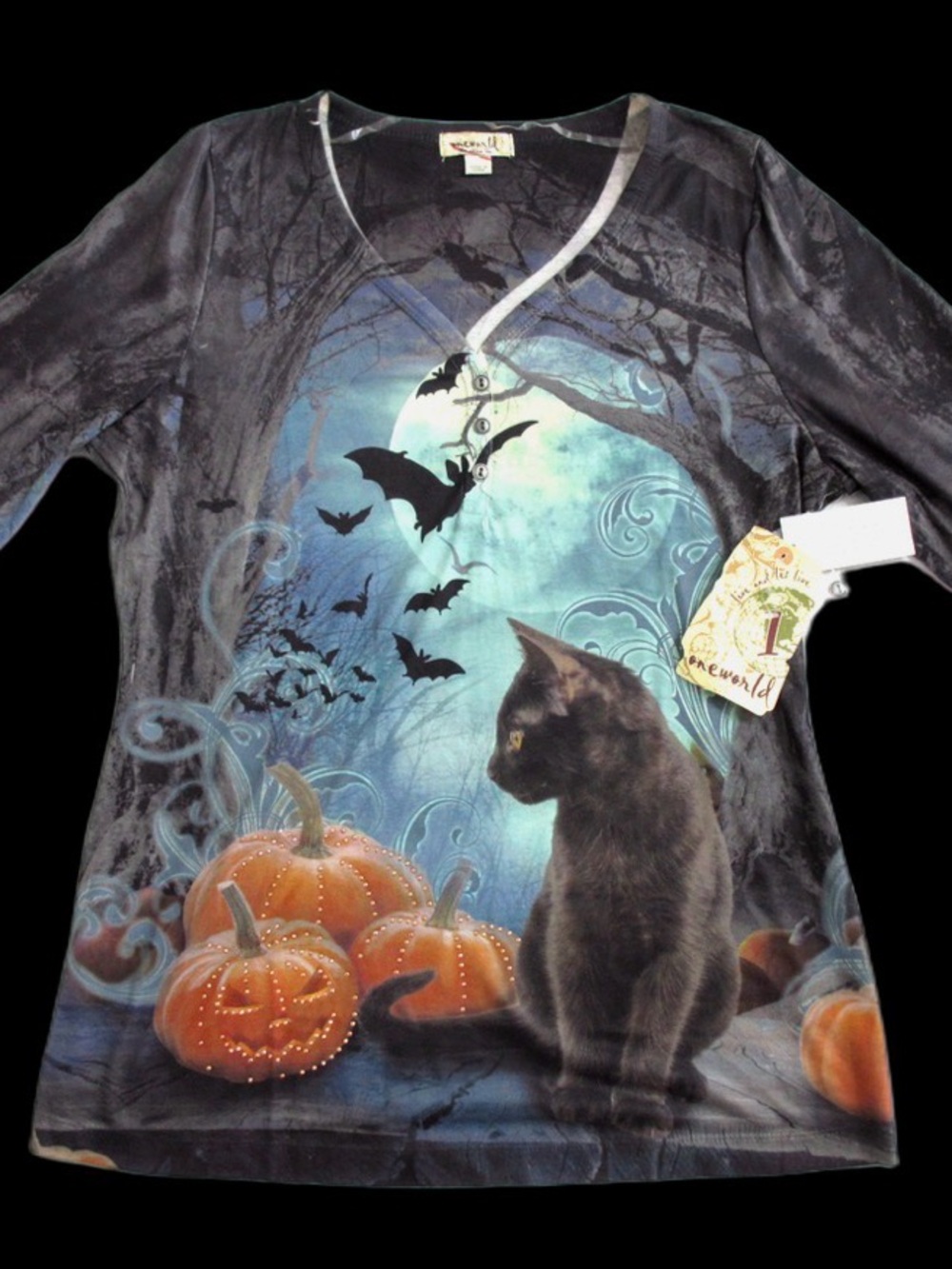 ONE WORLD Black & Teal Halloween Cat Pumpkin  Tee Woman's t-shirt long sleeve
